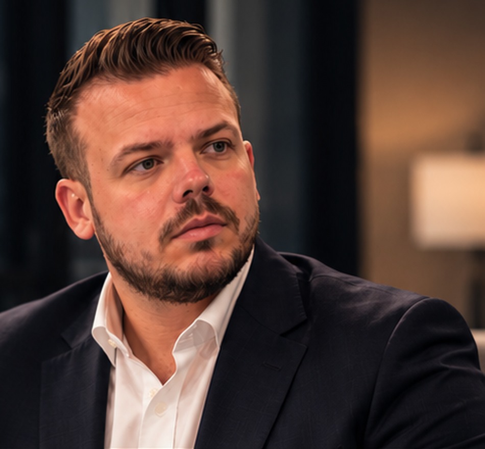 Corey Seaman in a navy blazer and white open-collar shirt